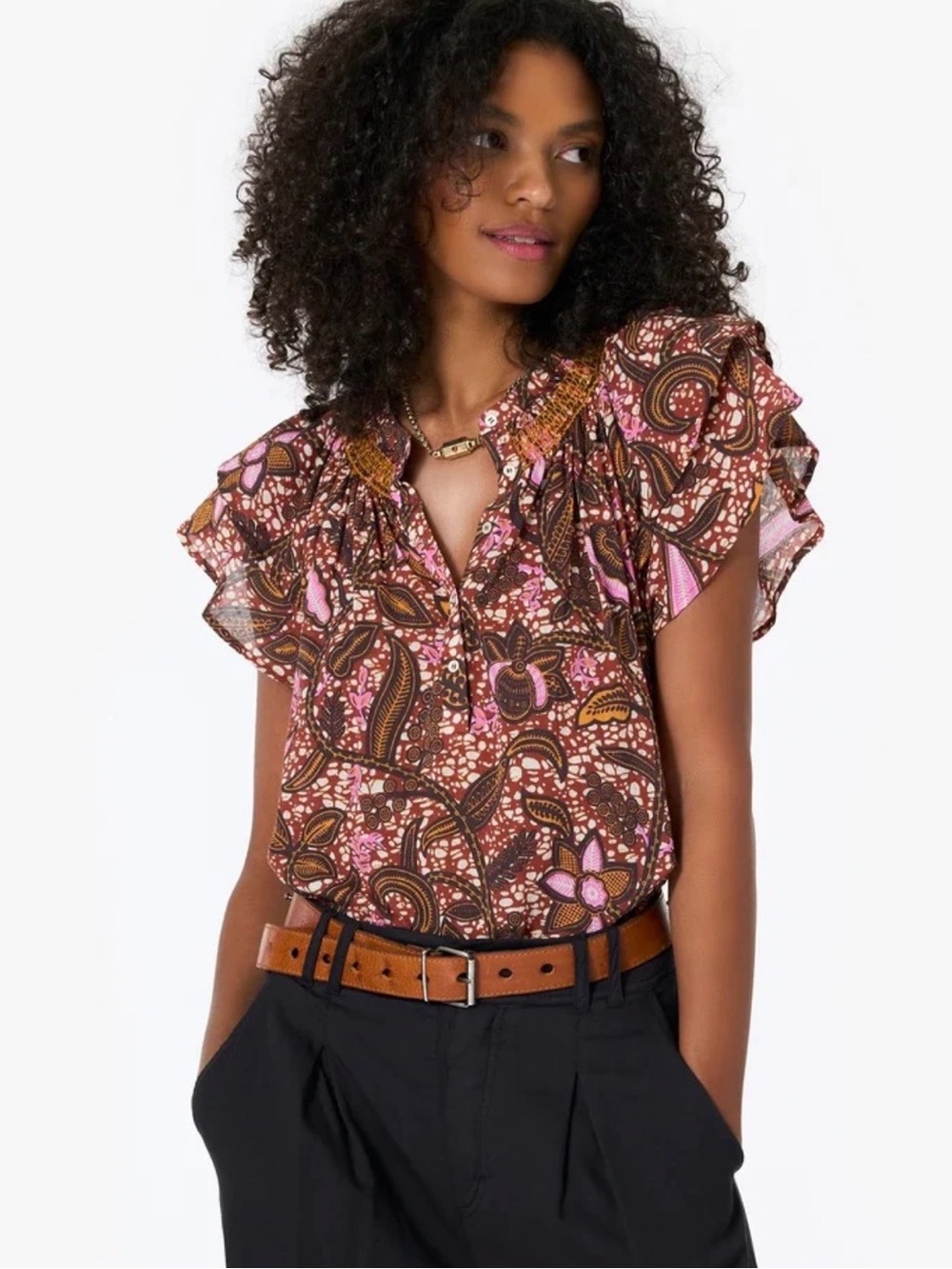 XIRENA Sumer Earth Boho Paisley Ruffle Sleeve Top - Brown/Pink